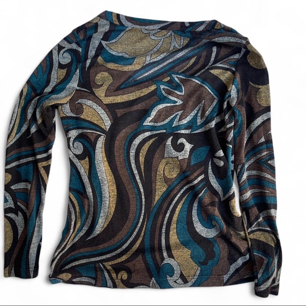 Tribal Retro Boho Abstract Print V Neck Long Sleeve Top Women's - Picture 2 of 5